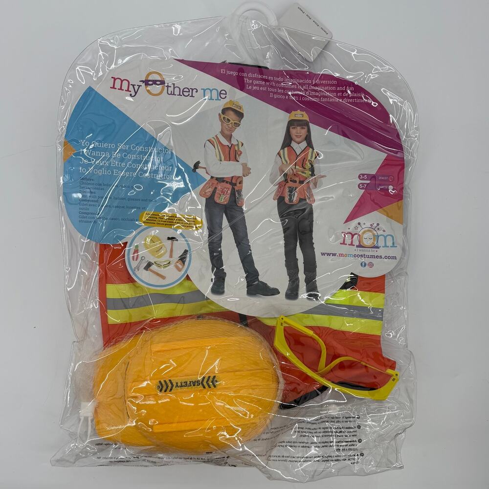 My Other Me Kids Construction Worker Costume 3-5 Hard Hat Vest Tools Glasses NWT